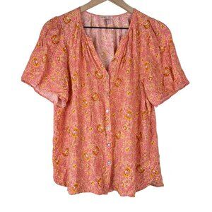 Esqualo Peach Pink Floral Printed Short Sleeve Button Front Top